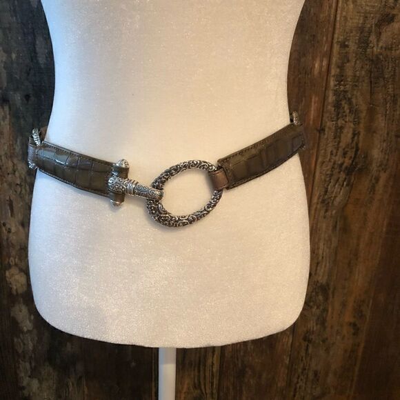 Brighton Sz 30 Khaki Silver Croc Leather Hook Belt - Picture 4 of 10